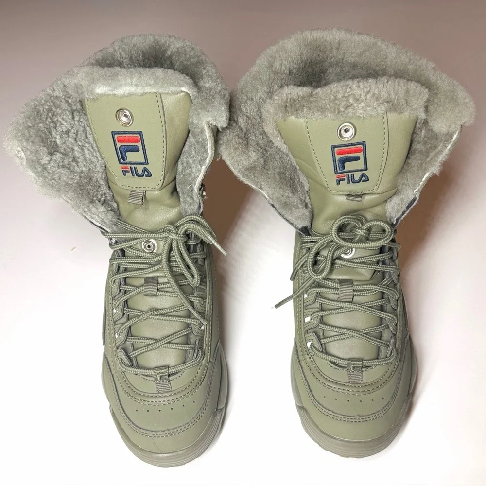 Fila Women’s Disruptor Shearling Mid Calf Lace Up Olive Green Boots Size- 6.5